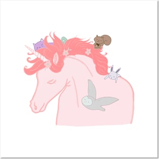 Pink Unicorn and Woodland Creatures Posters and Art